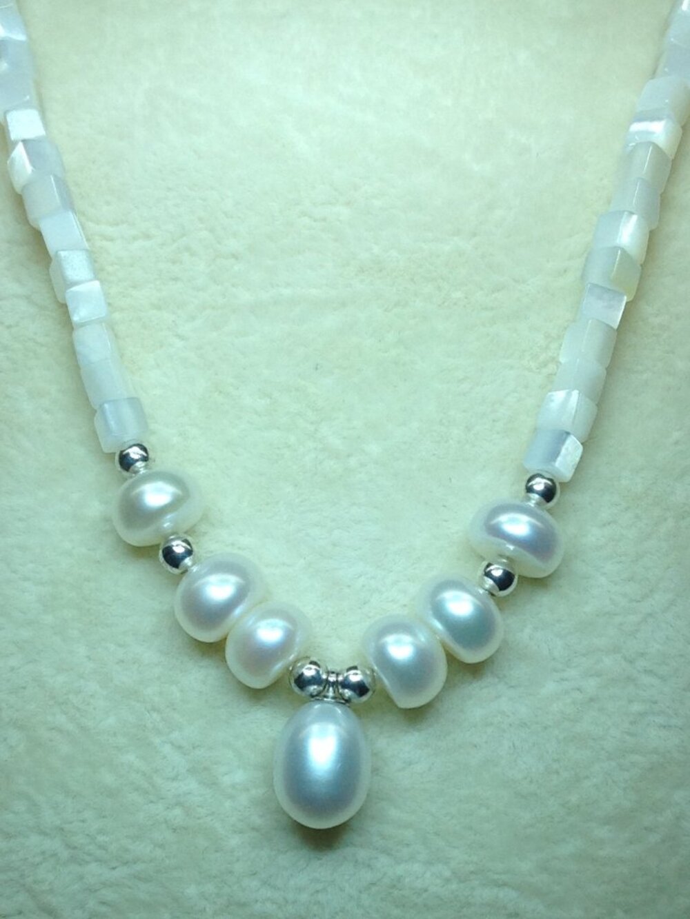 Square Box Cut Mother of Pearl Beads and Freshwater Pearl Necklace